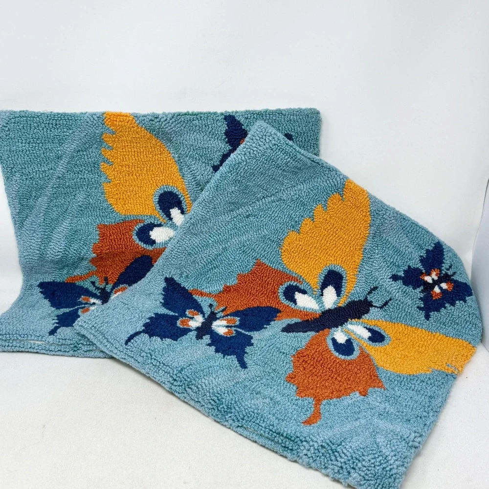 Set 2 Hooked Throw‎ Pillow Covers Butterfly Blue Orange 18x18 Colorful Fun Mod